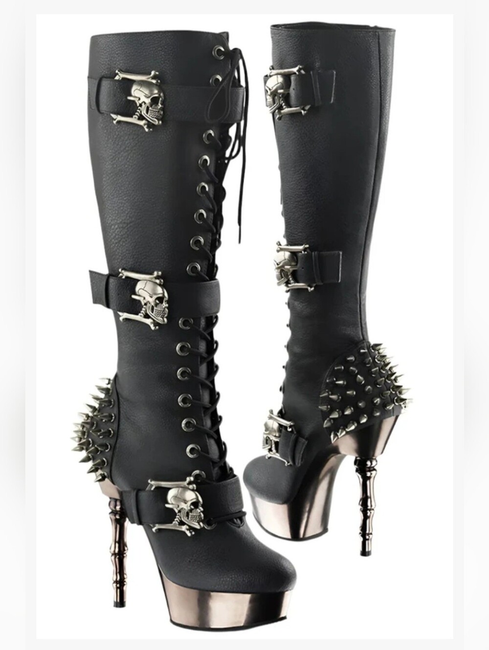 Demonia muerto 2028 chrome bone spiked heel skull buckle lace up boots 11 BNIB - Picture 11 of 17